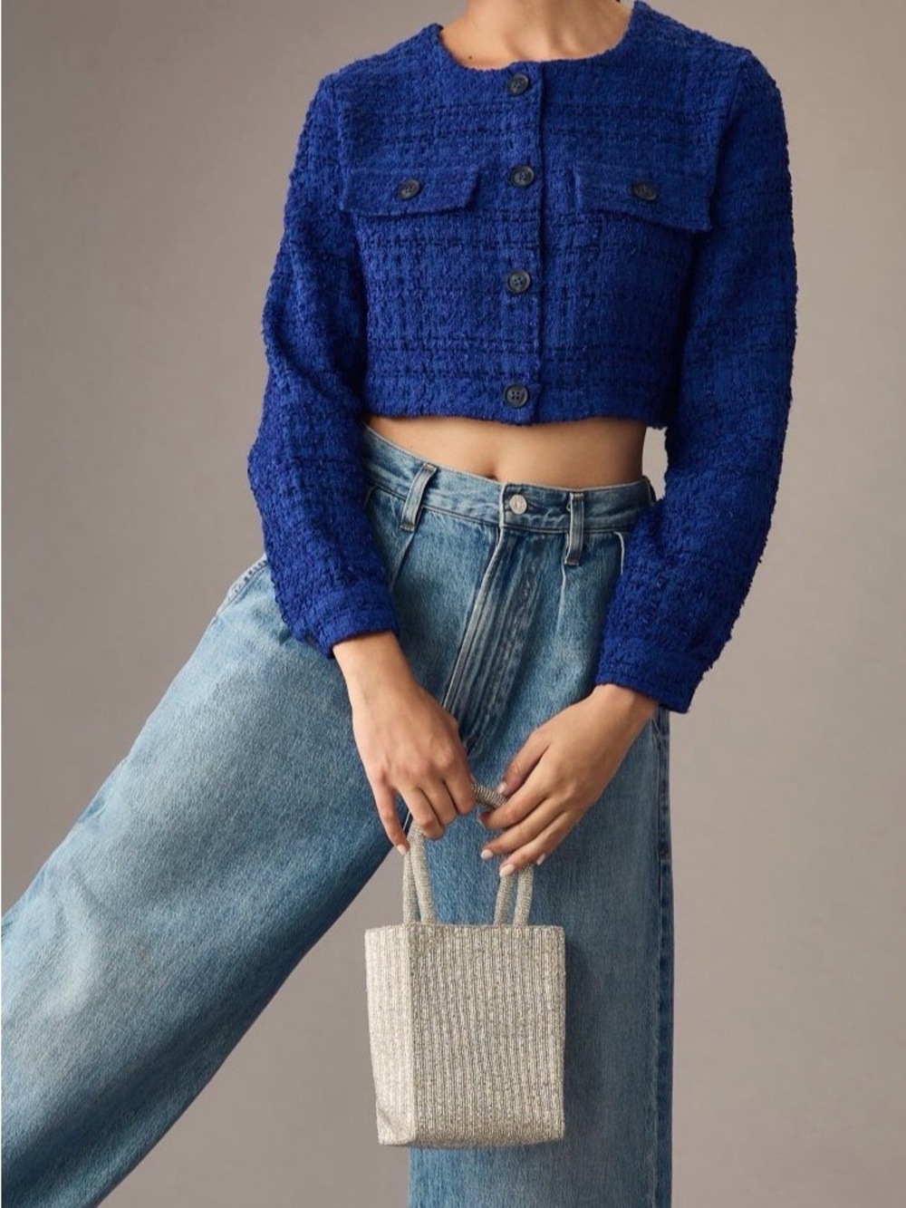 Anthropologie Maeve Cobalt Bouclé Cropped Jacket